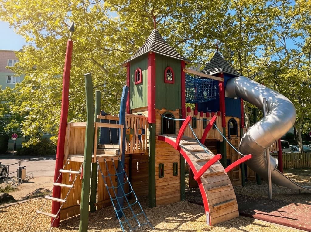 Fantasievolle Burganlage mit bunten Türmen und Röhrenrutsche, die Kinderträume wahr werden lässt