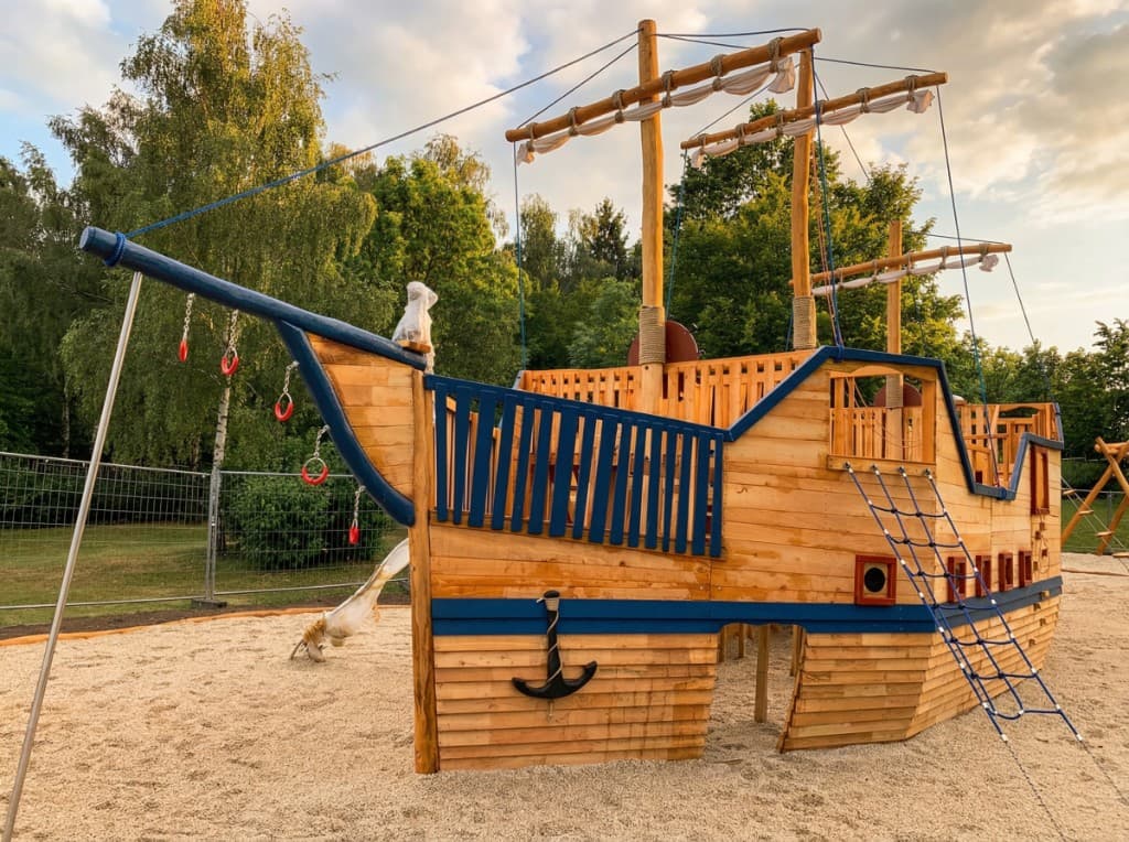 Detailreiches Piratenschiff mit blauer Takelage, Möwenfigur und authentischen Seefahrer-Details