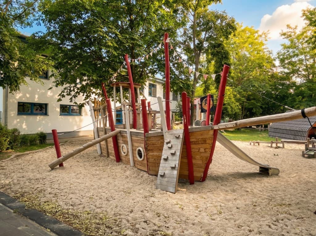 Charmantes Holzschiff mit roten Masten, das im Sandbereich vor Anker liegt