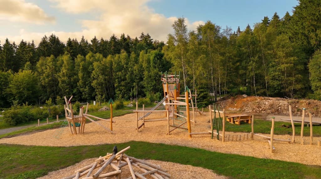 Weitläufige Kletterlandschaft eingebettet in natürlicher Waldumgebung mit vielfältigen Bewegungsmöglichkeiten